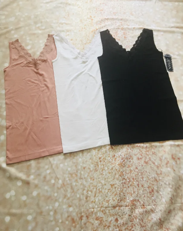 Tops-V Neck Tanks with Lace Trim