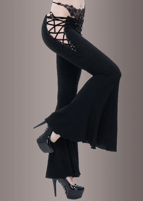 Goth Bell Bottoms with Embroidery and Lace Up Details