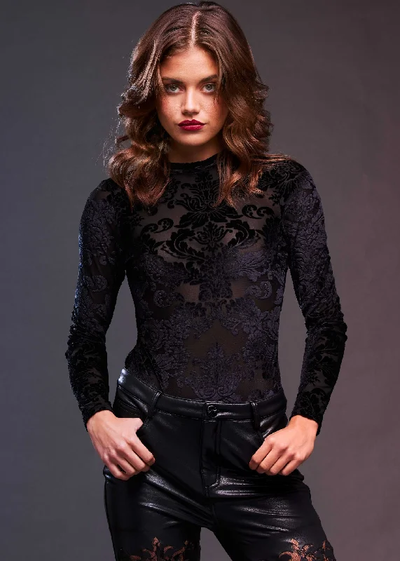 Mesh Long Sleeve Bodysuit with Velvet Brocade Design