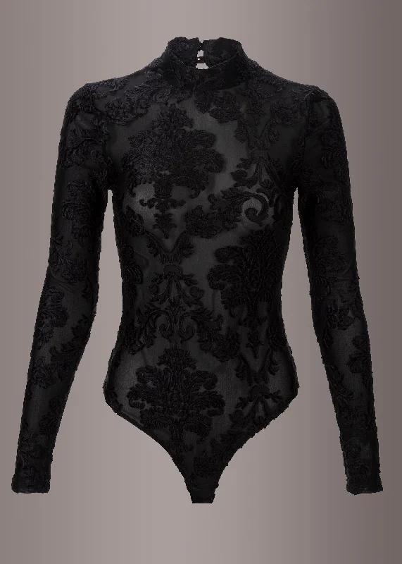 Mesh Long Sleeve Bodysuit with Velvet Brocade Design