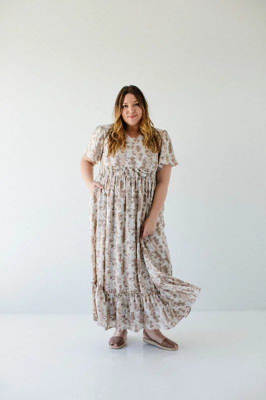 Plus 'Delphi' V-Neck Flutter Sleeve Abstract Print Maxi Dress in Taupe