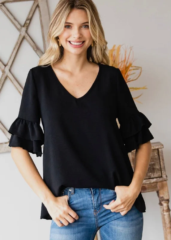 Tops- Black Double Ruffle Short Sleeve