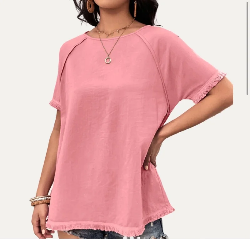 Tops-Coral Relaxed Fringe Short Sleeve Oversized