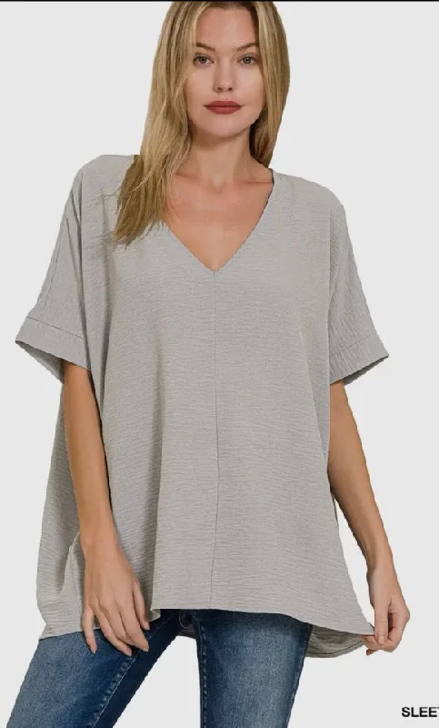 Tops- Steel Gray Woven V-Neck Top