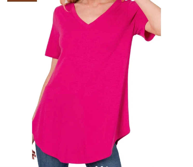 Tops- Hot Pink V-Neck Tee Relaxed Fit