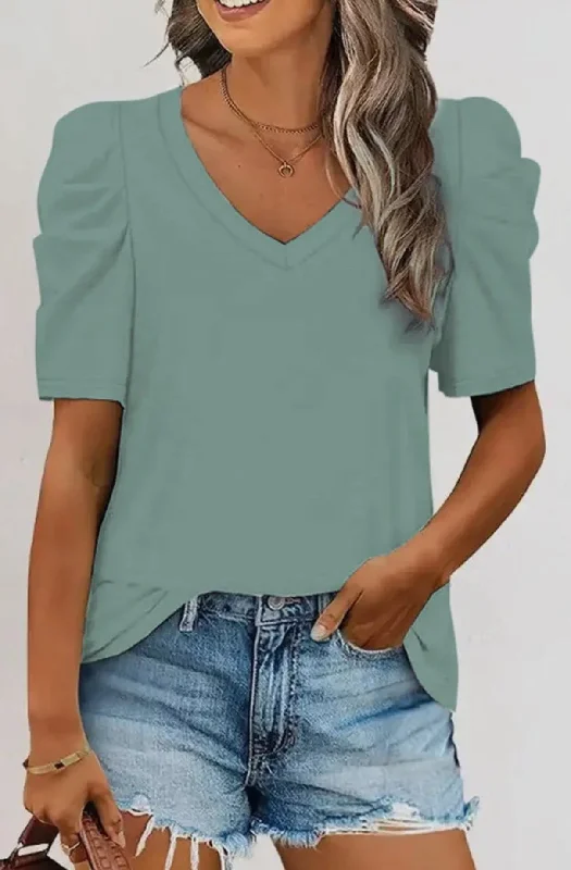 Tops- Light Green- V-Neck- Puff Sleeves