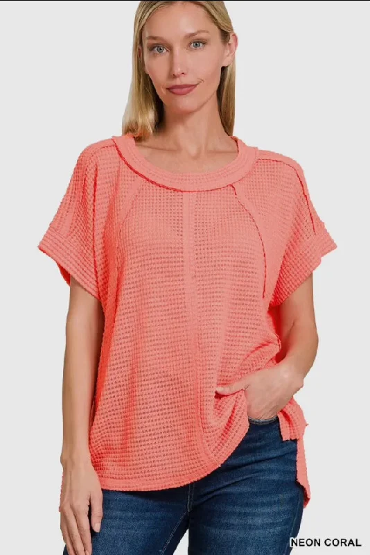 Tops- Orange Waffle Knit Exposed Seam