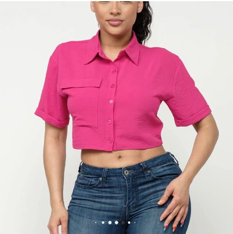 Tops-Pink Button Down Cropped