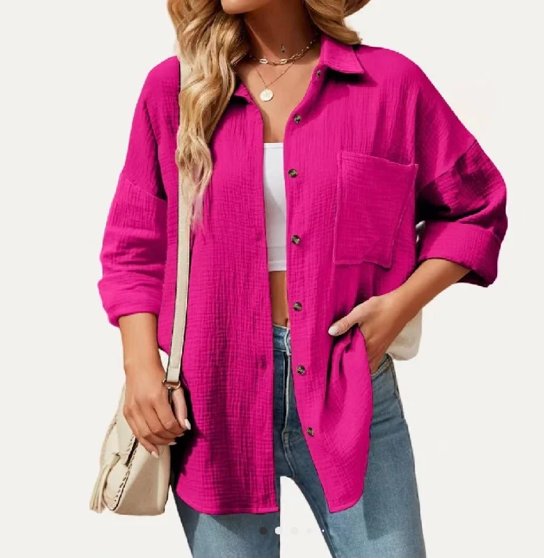 Tops- Pink Collared Drop Shoulder Button Down