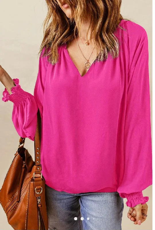 Tops-Fuchsia  V-Neck Blouse