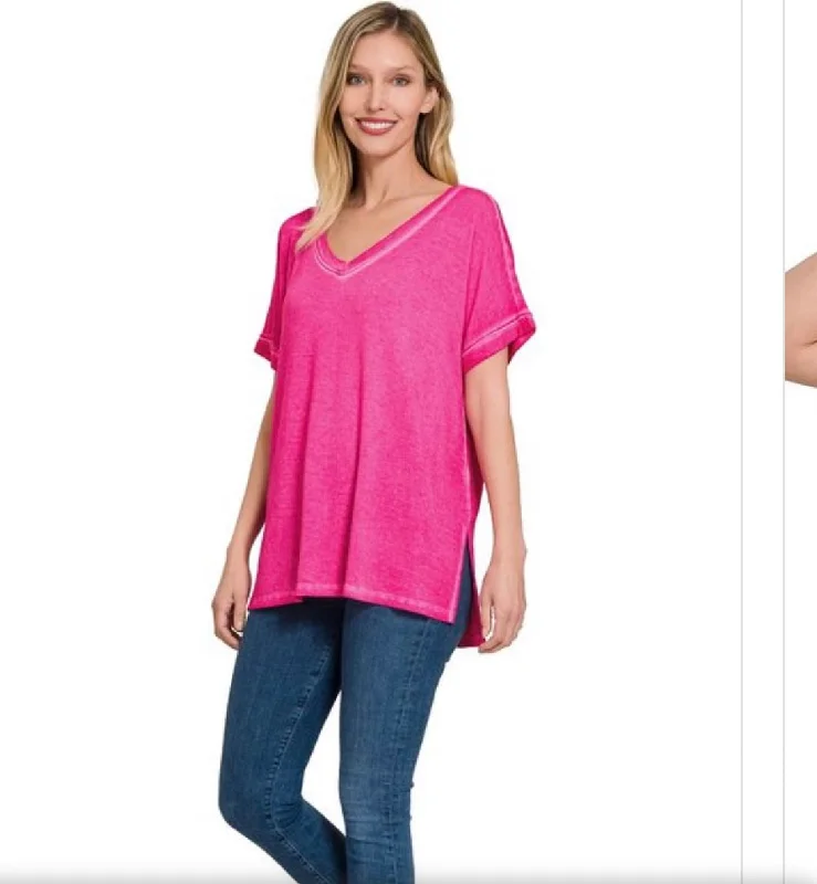 Tops-Pink Washed Short Sleeve V-Neck