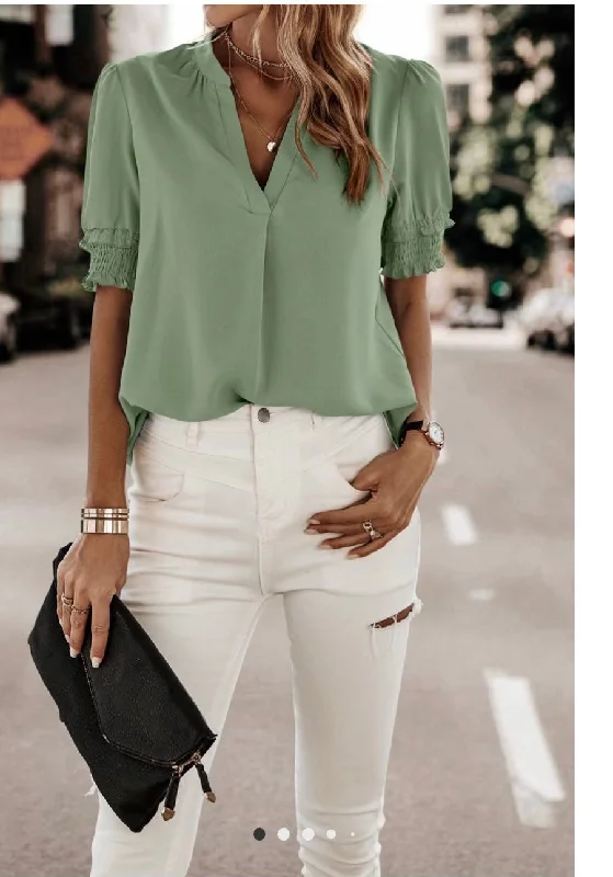 Tops-Sage Smocked Detail V-Neck Blouse