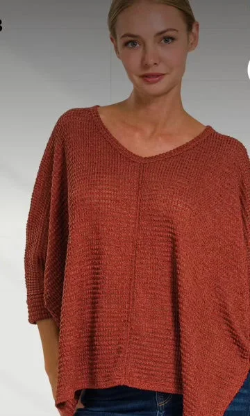 Tops- V Neck 3/4 Sleeve Brick Jacquard Sweater