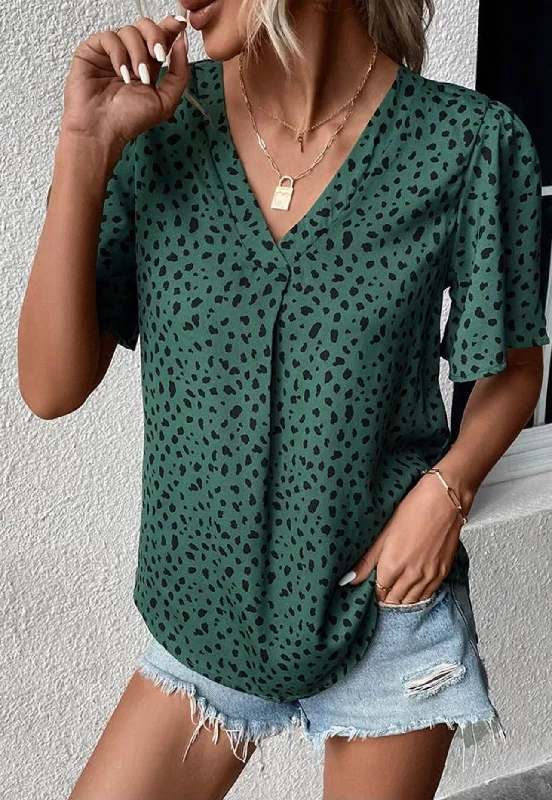 Tops- V Neck Leopard Short Sleeve