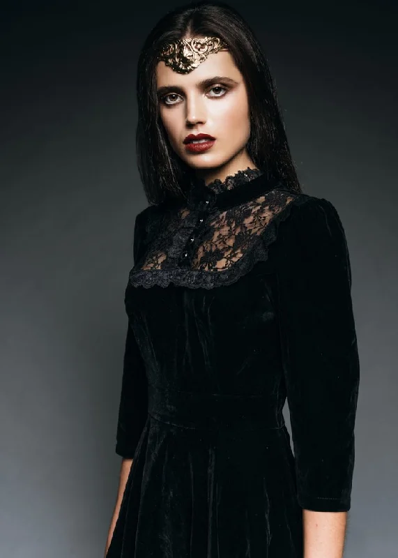 Dark Empress Black Velvet High Collar Dress with Lace Details