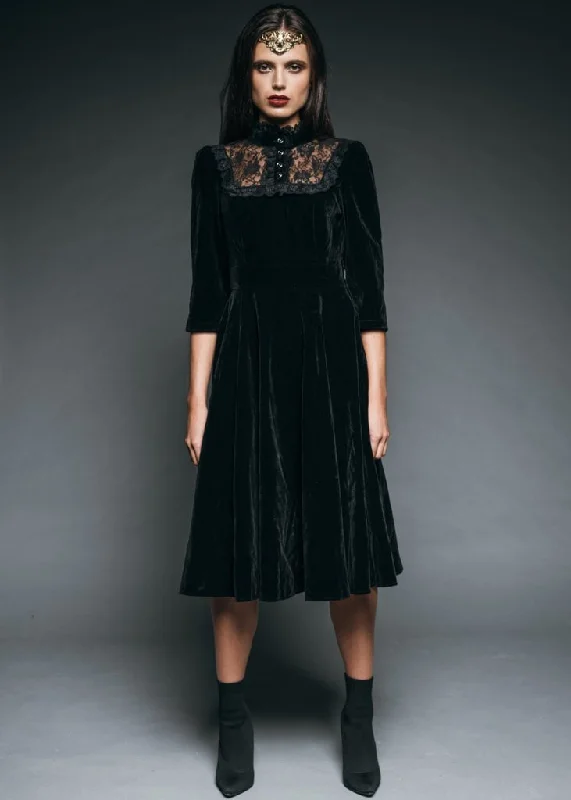 Dark Empress Black Velvet High Collar Dress with Lace Details