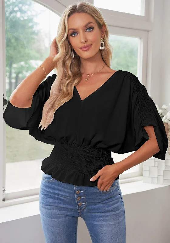 Black Women's Ruffle Sleeve V Neck Button Down Blouse Shirt Casual Work