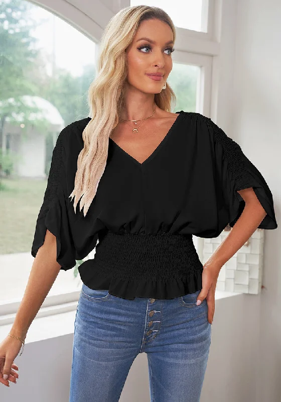 Black Women's Ruffle Sleeve V Neck Button Down Blouse Shirt Casual Work