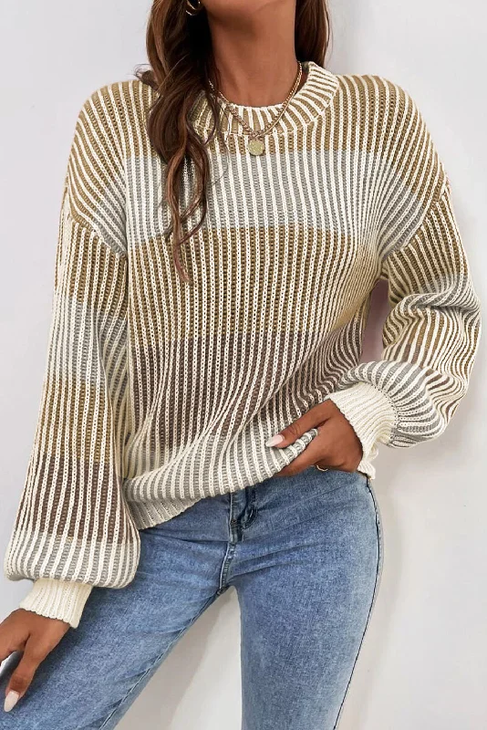 Brown Colorblock Lantern Sleeve Rib Knitted Sweater