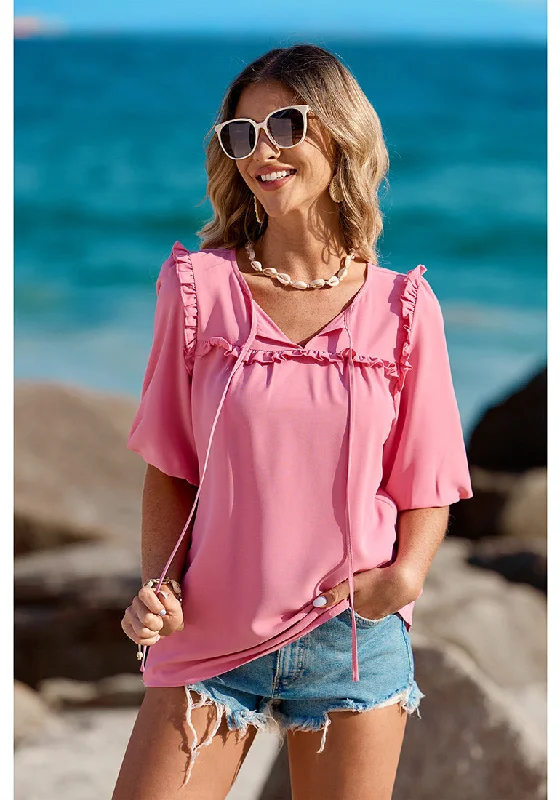 Candy Pink Women's Casual Puff Sleeve Tie Neck Blouses Business Shirts