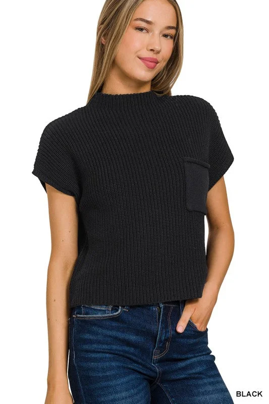 Fray Mock Neck Short Sleeve Cropped Sweater