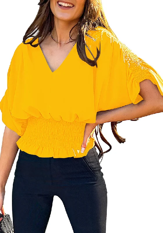 Gold Fusion Women's Ruffle Sleeve V Neck Button Down Blouse Shirt Casual Work