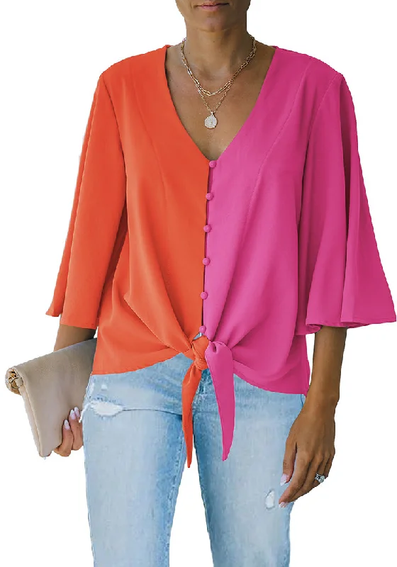 Hot Pink & Orange Women's V Neck Button Down Shirts 3/4 Bell Sleeve Tie Knot Blouse