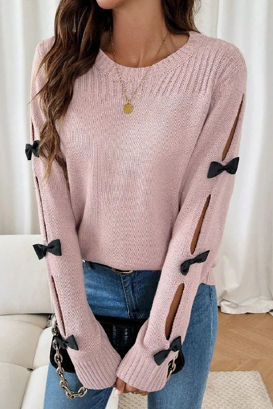 Light Pink Sweet Bowknot Detail Cutout Long Sleeve Sweater