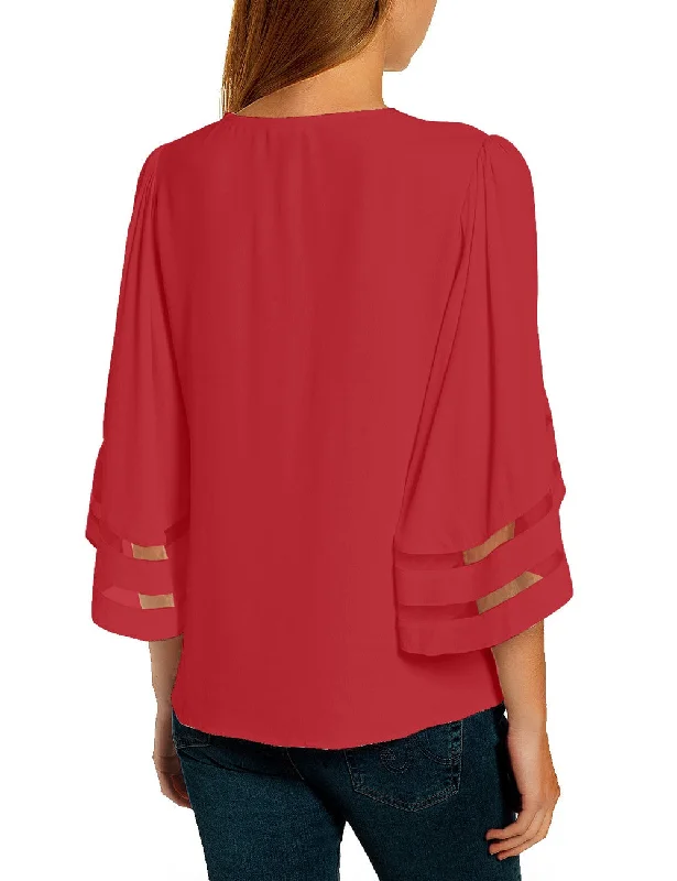 Women's Casual V Neck Mesh Panel Blouse Tops 3/4 Bell Sleeve Shirt