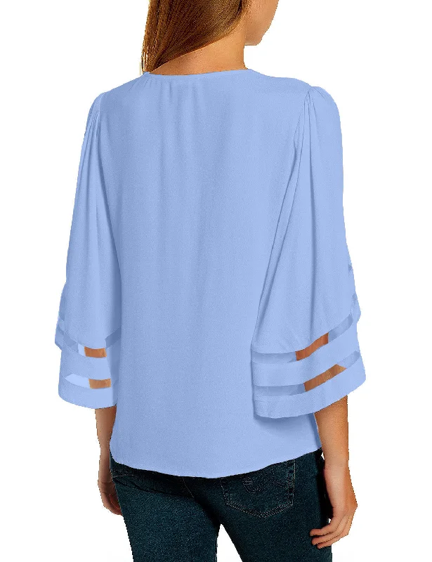 Women's Casual V Neck Mesh Panel Blouse Tops 3/4 Bell Sleeve Shirt