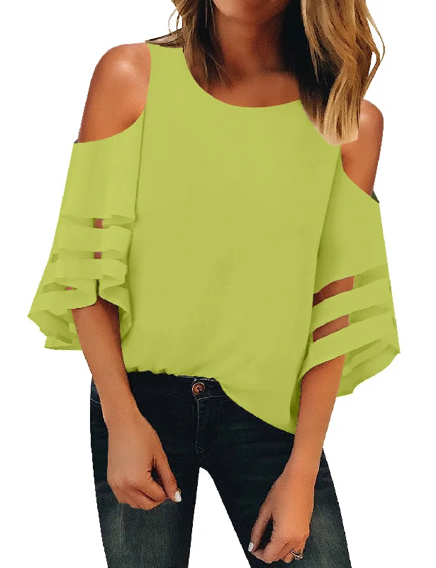 Women's Cold Shoulder Loose Shirt Tops 3/4 Bell Mesh Sleeve Blouse