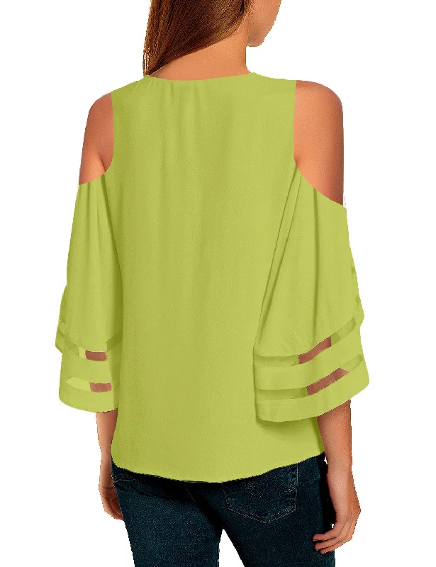 Women's Cold Shoulder Loose Shirt Tops 3/4 Bell Mesh Sleeve Blouse