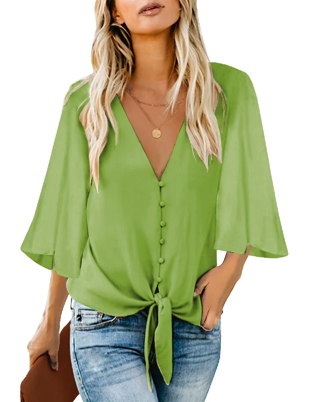 Women's V Neck Button Down Shirts 3/4 Bell Sleeve Tie Knot Blouse