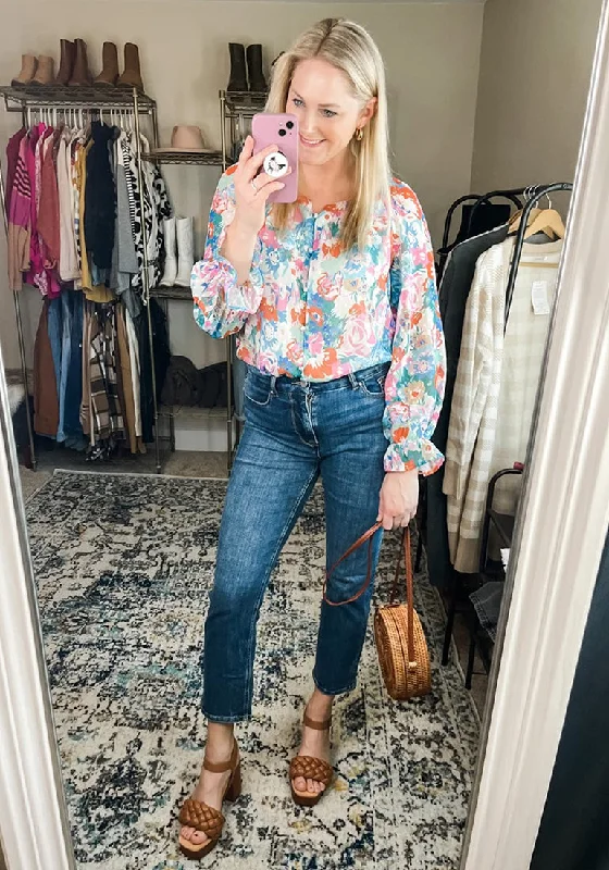 Mix Color Floral Women's Floral Ruffle Button Down Long Sleeve Blouse