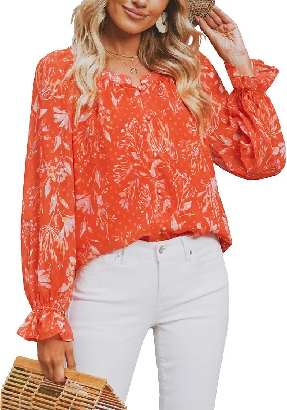 Orangeade Floral Women's Floral Ruffle Button Down Long Sleeve Blouse