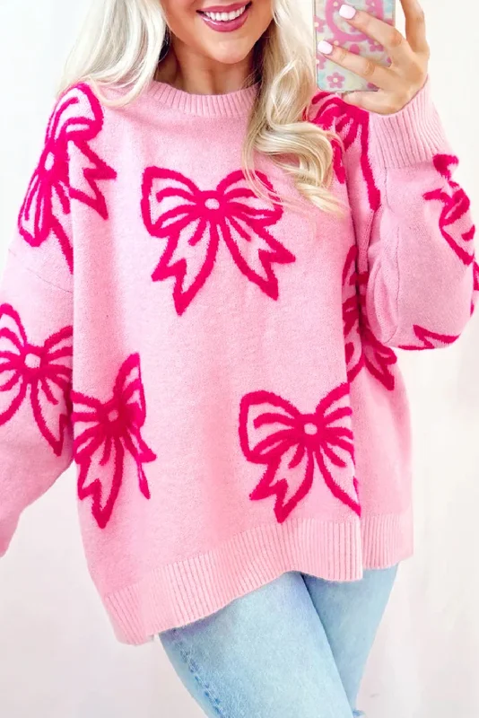 Pink Bow Pattern Drop Sleeve Loose Sweater