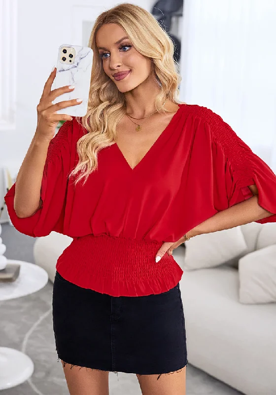 True Red Women's Ruffle Sleeve V Neck Button Down Blouse Shirt Casual Work