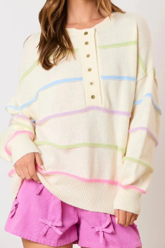 White Rainbow Striped Drop Sleeve Henley Sweater