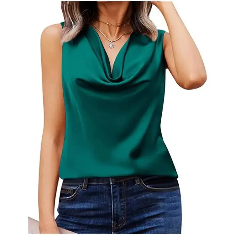 2024 New Summer Satin Crew Neck Vest Casual Halters Sleeveless Shirt  Solid Color Loose Women shirt