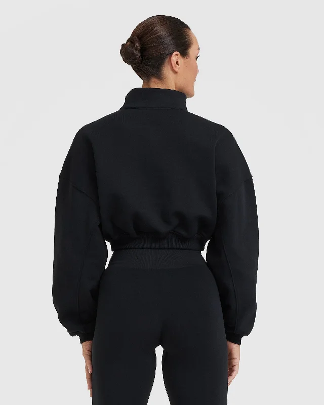 All Day Cosy Crop 1/4 Zip Sweatshirt | Black