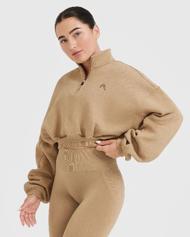 All Day Cosy Crop 1/4 Zip Sweatshirt | Dune Brown