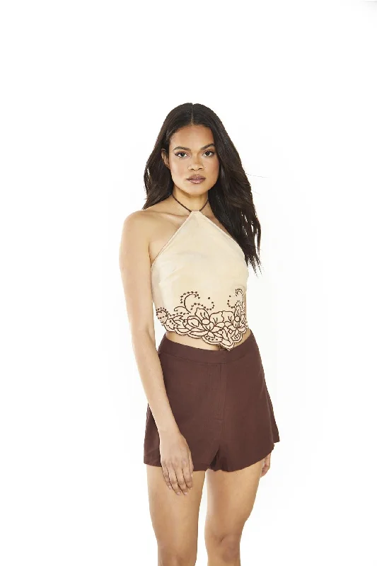 Beige Suedette-Brown Halter-Neck Crop-Top