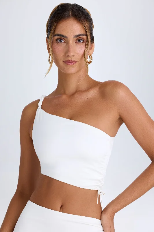 Ruched Asymmetric Crop Top in White