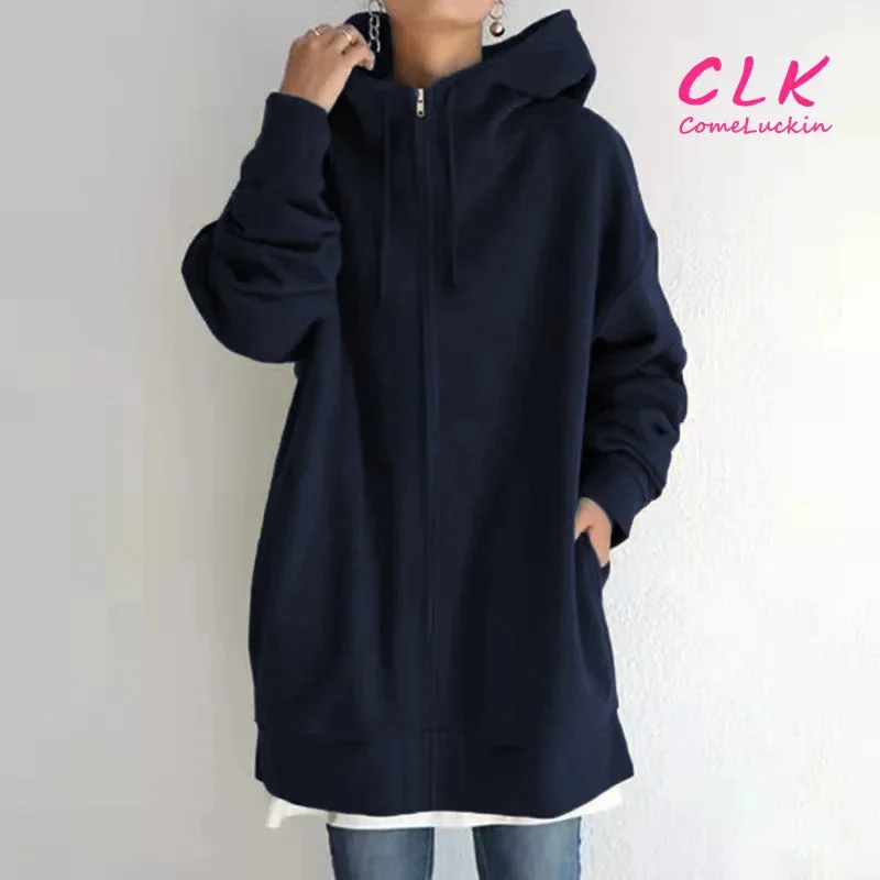 Custom Logo  Women's Solid Hoodies Casual Long Sleeve Zipper Coat Female Outwear Jackets Oversize Top