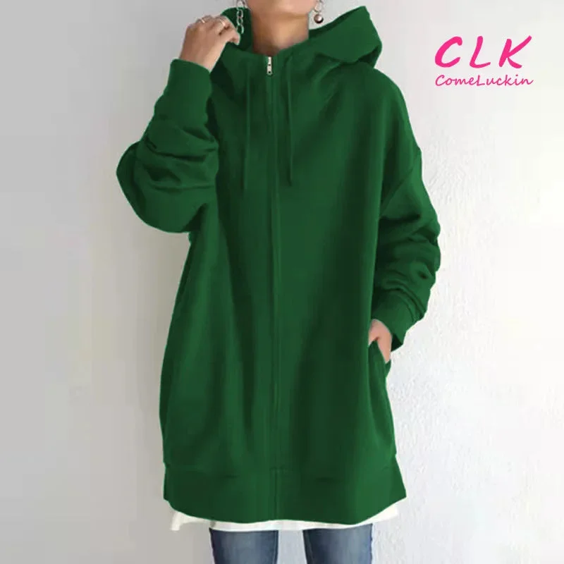 Custom Logo  Women's Solid Hoodies Casual Long Sleeve Zipper Coat Female Outwear Jackets Oversize Top