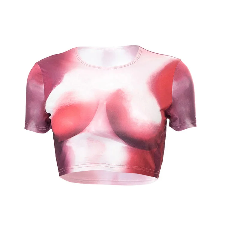 Fashion Women Tie Dye Print O Neck Short Sleeves Crop Top T Shirt Sexy Slim Cyber Casual Club Tee Shirts