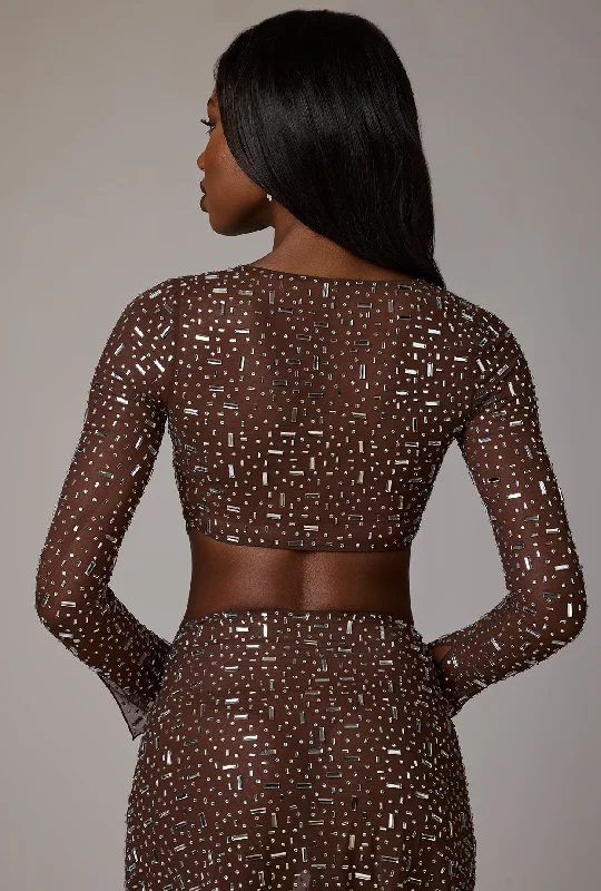 Sheer Embellished Long Sleeve Crop Top in Deep Cocoa