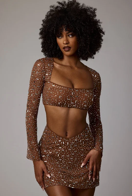 Sheer Embellished Long Sleeve Crop Top in Mocha