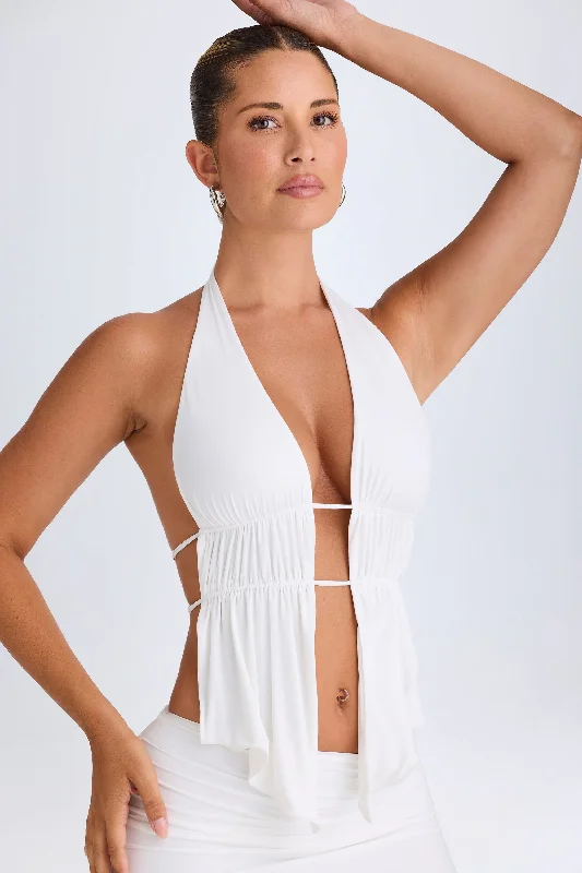 Cut-Out Ruched Halterneck Crop Top in White