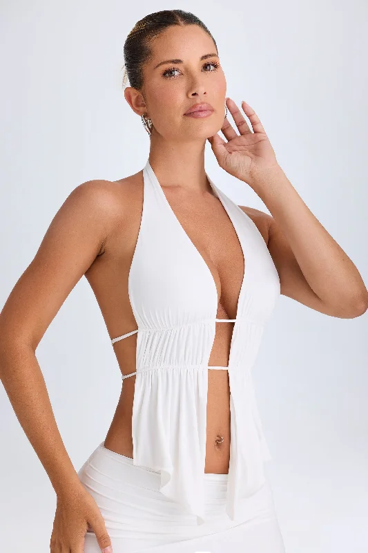 Cut-Out Ruched Halterneck Crop Top in White